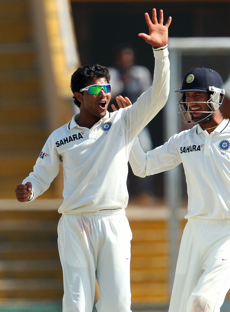 Ravindra Jadeja after dismissing Micheal Clarke for the fifth time in six innings Ravindra Jadeja after dismissing Micheal Clarke for the fifth time in six innings