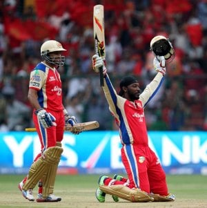 Chris Gayle after scoring his 100 against PWI-Fastest Centuries in T20 Cricket